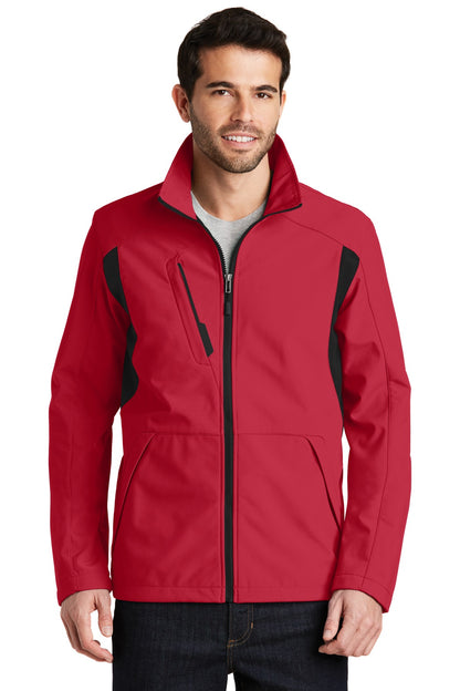 Front View of Rich Red/Black Port Authority Back-Block Soft Shell Jacket. J336 plain