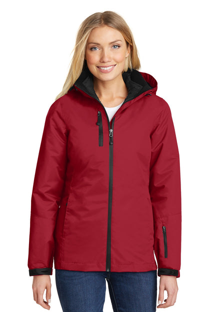 Front View of Rich Red/Black Port Authority Women's Vortex Waterproof 3-in-1 Jacket. L332 plain