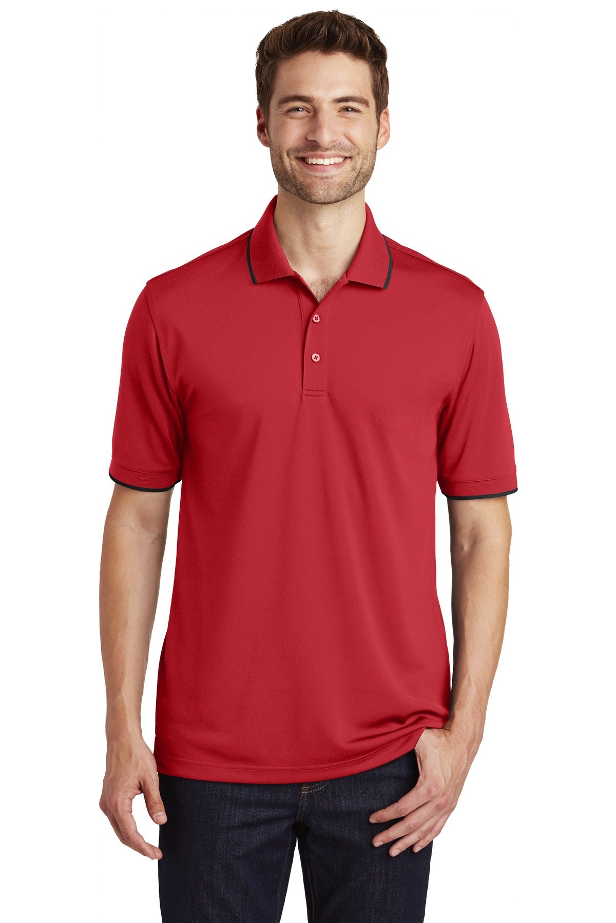 Front View of Rich Red/Dp Bk Port Authority Dry Zone UV Micro-Mesh Tipped Polo. K111 plain