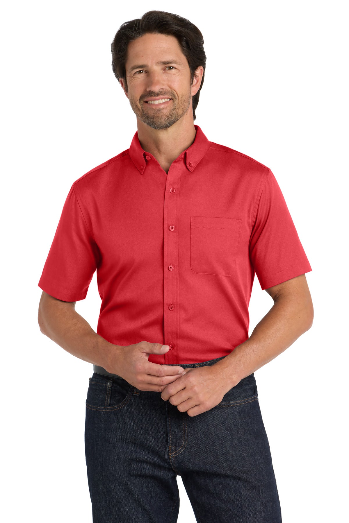 Front View of RichRed Port Authority Short Sleeve SuperPro React Twill Shirt. W809 plain