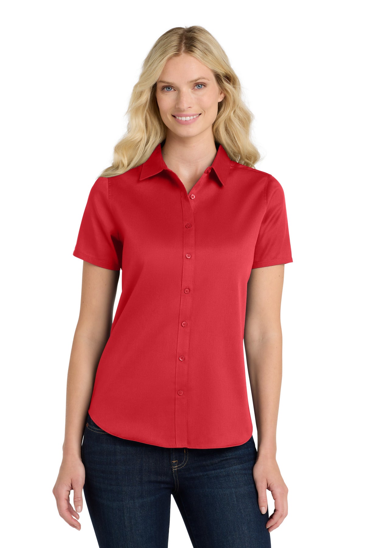 Front View of RichRed Port Authority Women's Short Sleeve SuperPro React Twill Shirt. LW809 plain