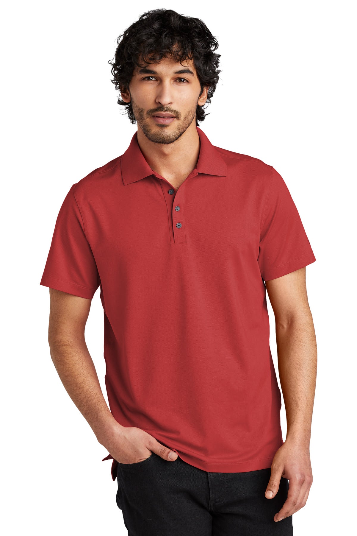 Front View of Ripped Red OGIO Metro Polo. OG130 plain