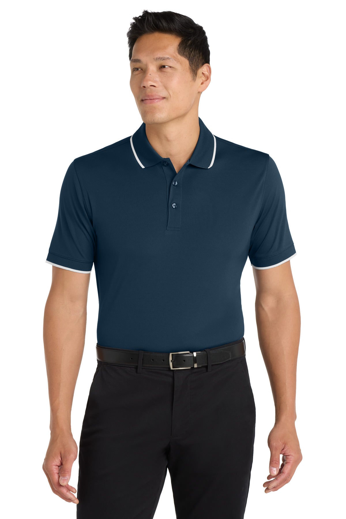 Front View of River Bl Ny/Wh Port Authority Dry Zone UV Micro-Mesh Tipped Polo. K111 plain