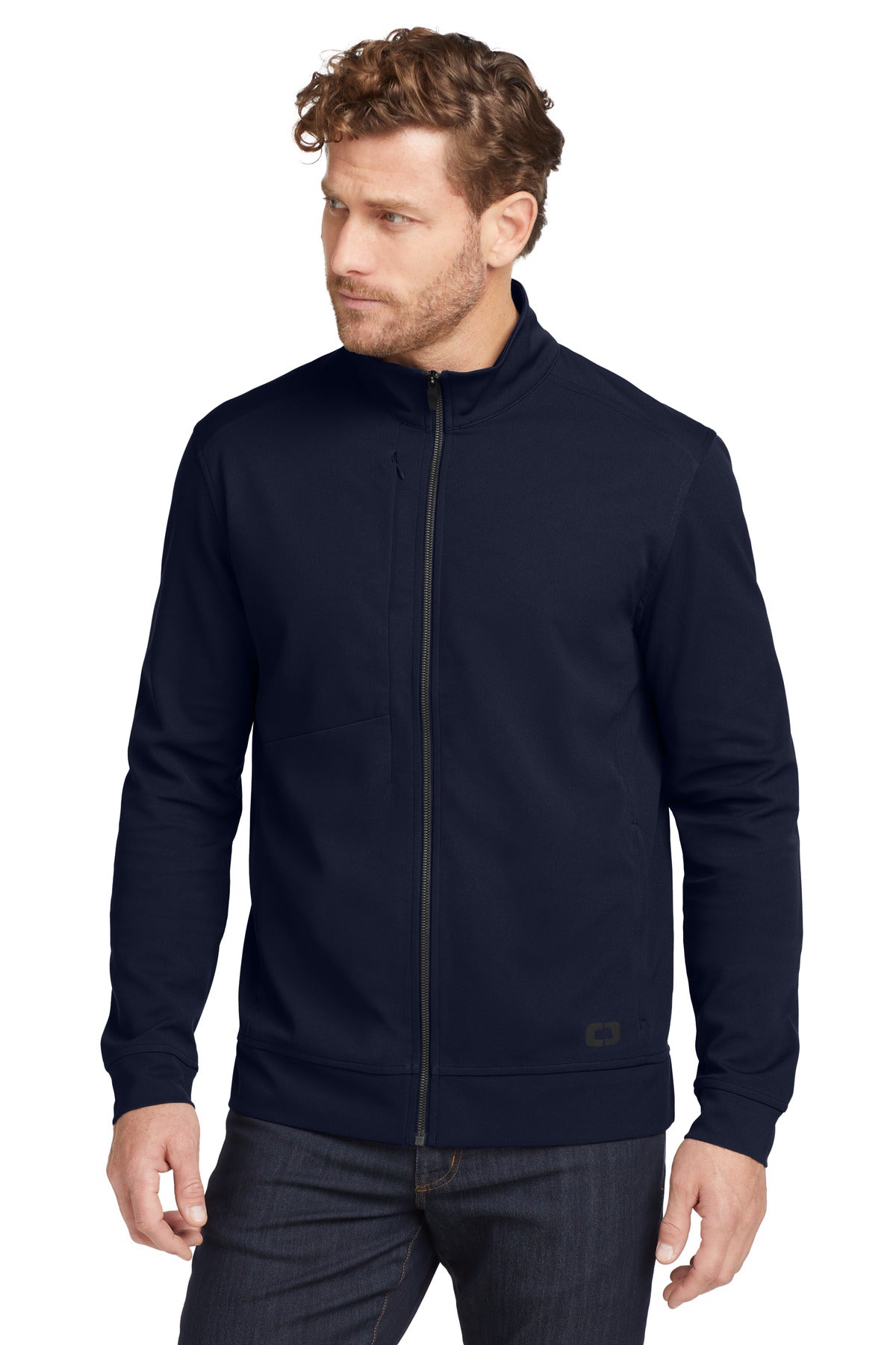 Front View of River Blue Nvy OGIO Hinge Full-Zip. OG820 plain