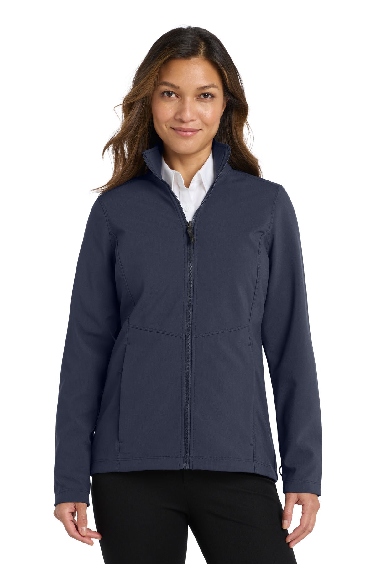 Front View of River Blue Port Authority Women's Collective Soft Shell Jacket. L901 plain