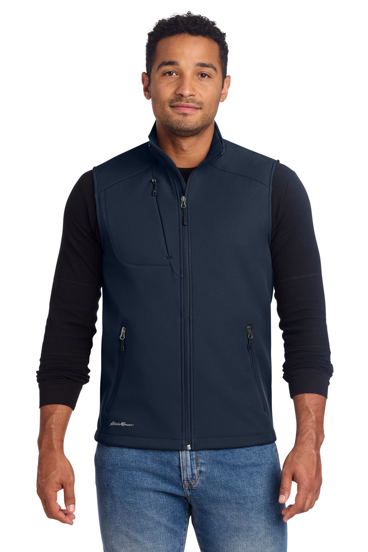 Front View of RiverBlNv Eddie Bauer Stretch Soft Shell Vest EB546 plain