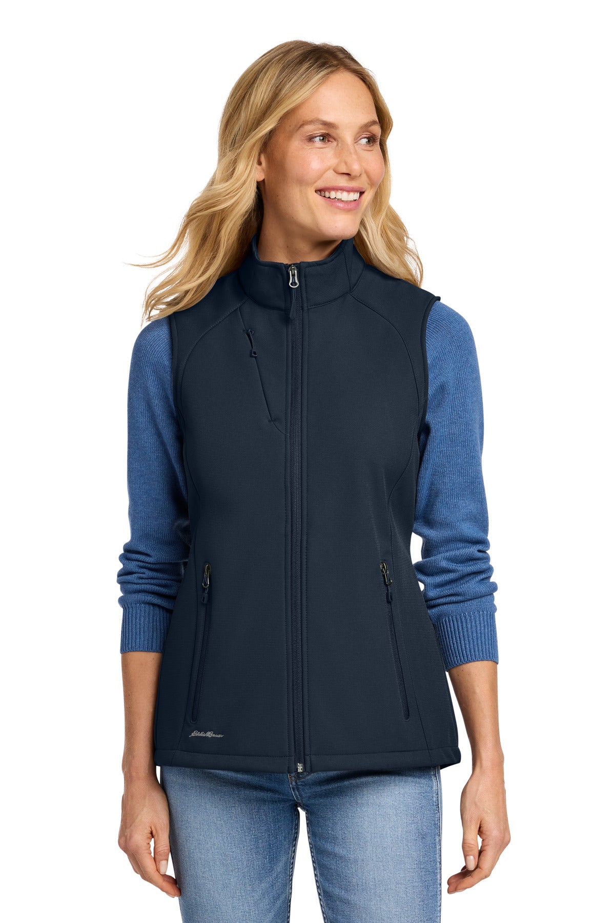 Front View of RiverBlNv Eddie Bauer Women's Stretch Soft Shell Vest EB547 plain