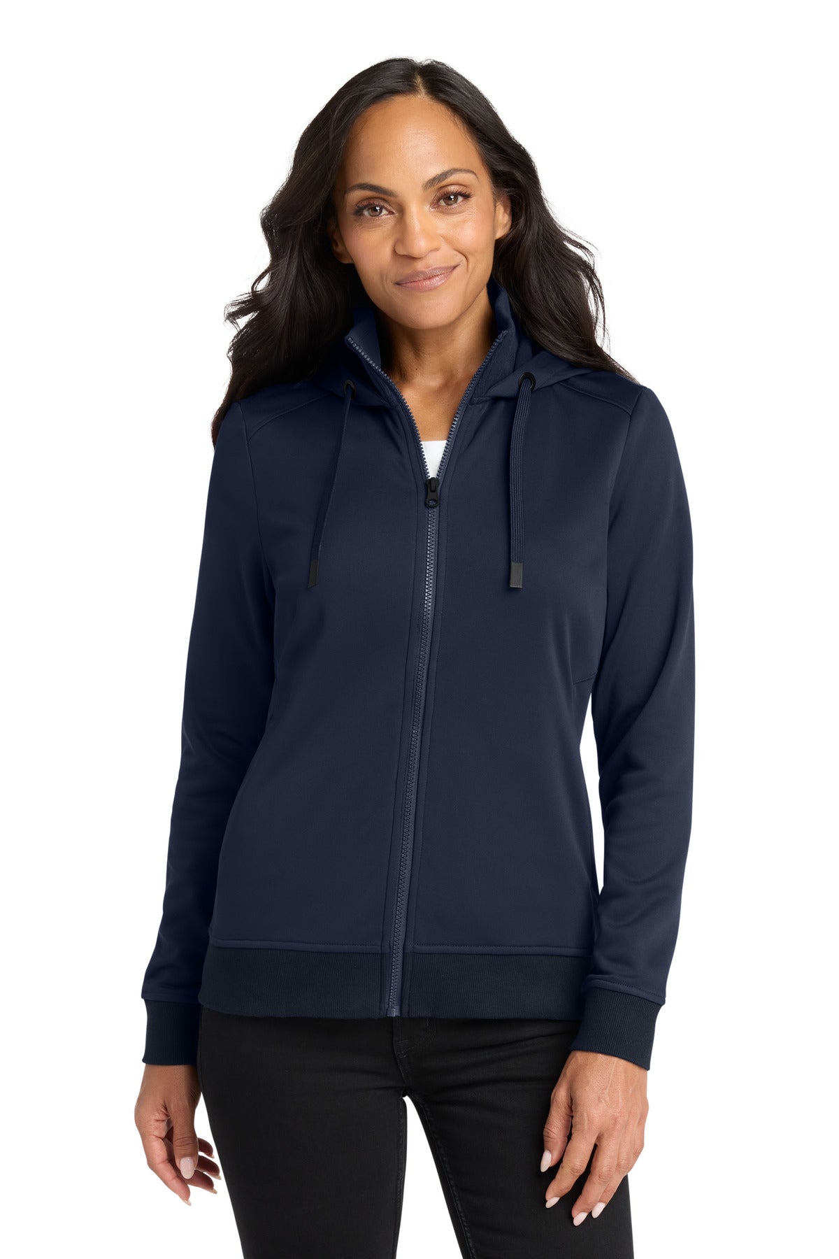 Front View of RiverBlNv Port Authority Women's Smooth Fleece Hooded Jacket L814 plain