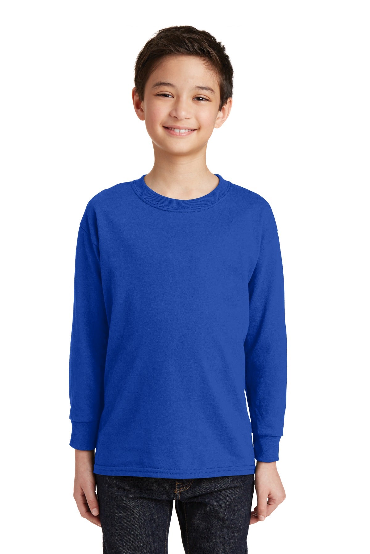 Front View of Royal Gildan Youth Heavy Cotton 100% Cotton Long Sleeve T-Shirt. 5400B plain