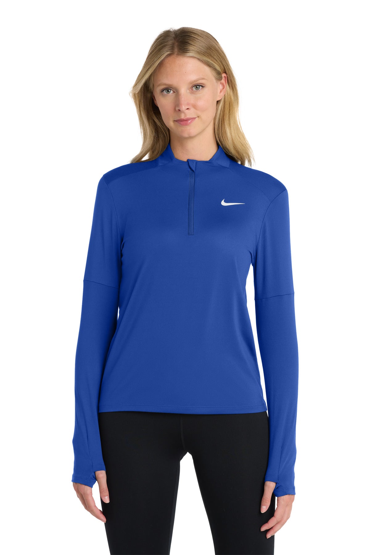 Front View of Royal Nike Women's Dri-FIT Element 1/2-Zip Top NKDH4951 plain
