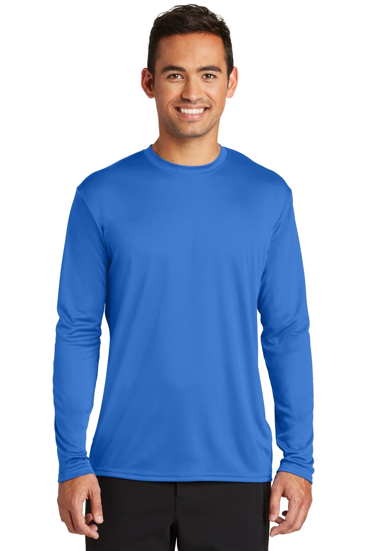 Front View of Royal Port & Co Long Sleeve Performance Tee. PC380LS plain