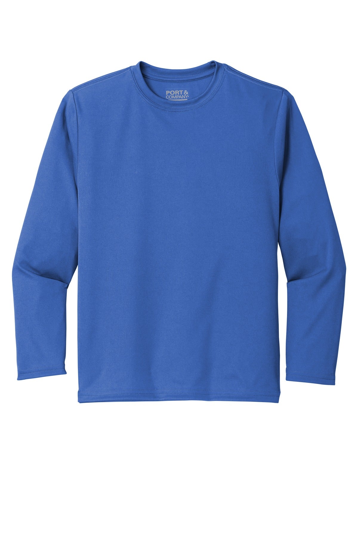 Front View of Royal Port & Co Youth Long Sleeve Performance Tee PC380YLS plain