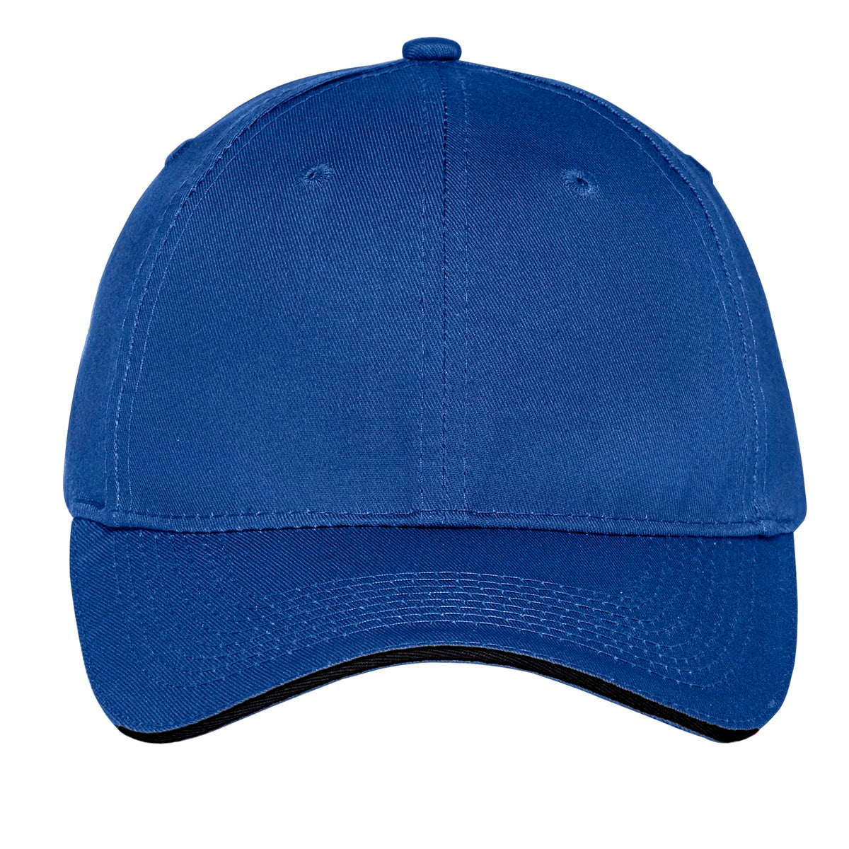 Front View of Royal/Black Port Authority Unstructured Sandwich Bill Cap. C919 plain