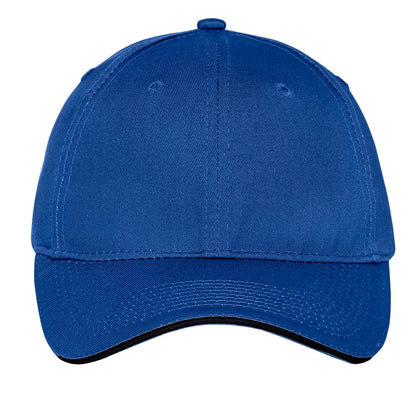 Front View of Royal/Black Port Authority Unstructured Sandwich Bill Cap. C919 plain