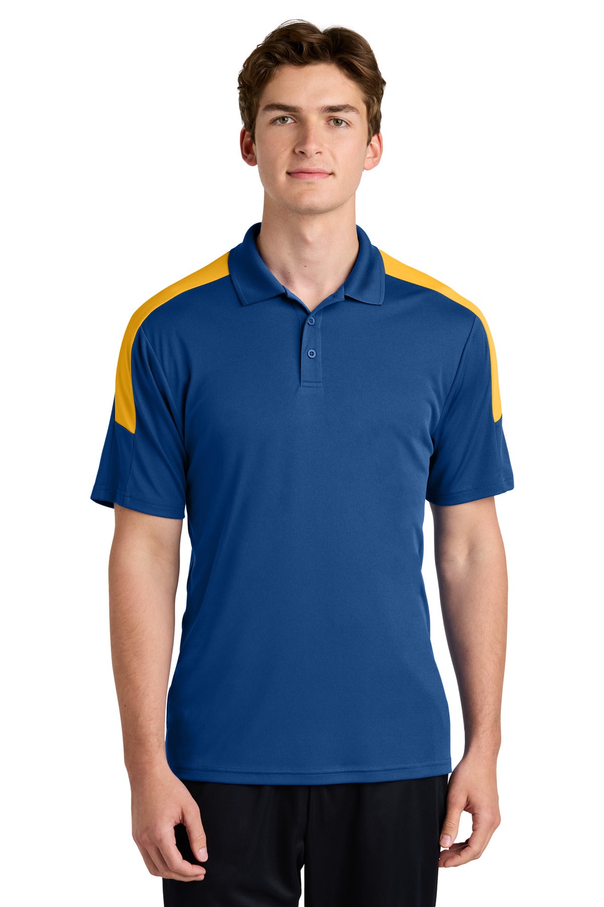 Front View of Royal/Gold Sport-Tek Competitor United Polo ST104 plain