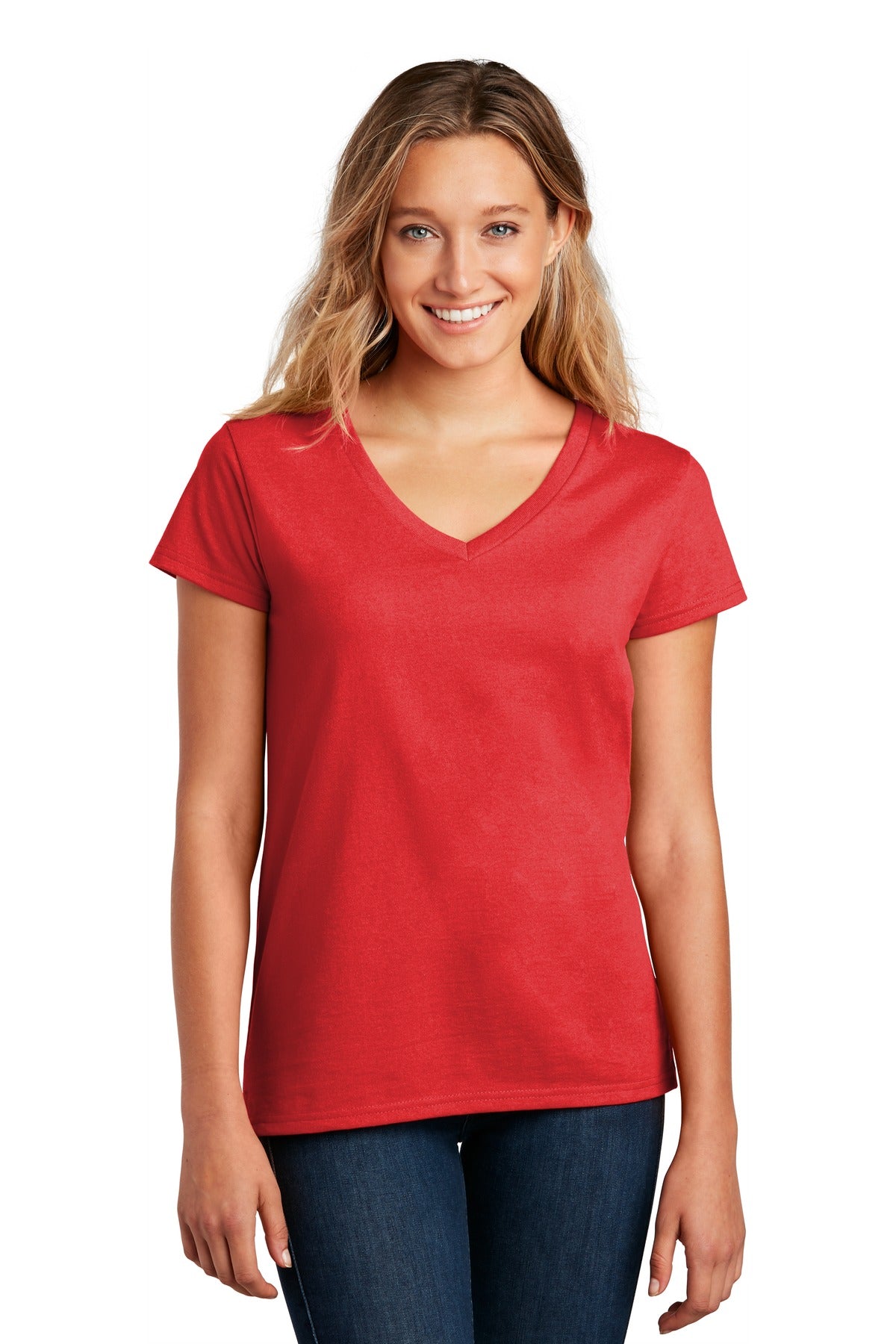 Front View of Ruby Red District Women's Re-Tee V-Neck DT8001 plain