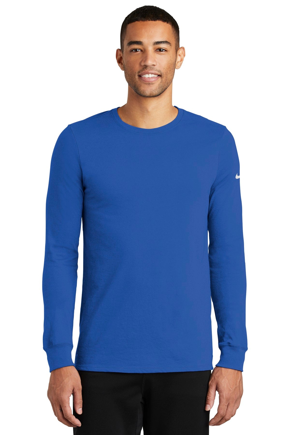 Front View of Rush Blue Nike Dri-FIT Cotton/Poly Long Sleeve Tee. NKBQ5230 plain
