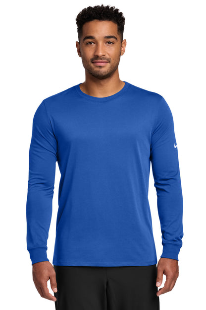 Front View of Rush Blue Nike Dri-FIT Cotton/Poly Long Sleeve Tee. NKBQ5230 plain