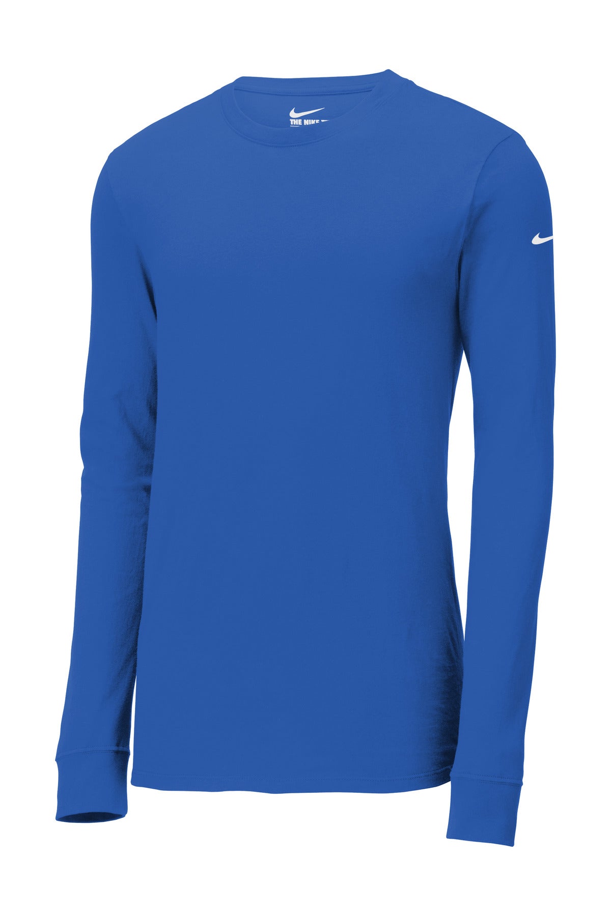 Front View of Rush Blue Nike Dri-FIT Cotton/Poly Long Sleeve Tee. NKBQ5230 plain