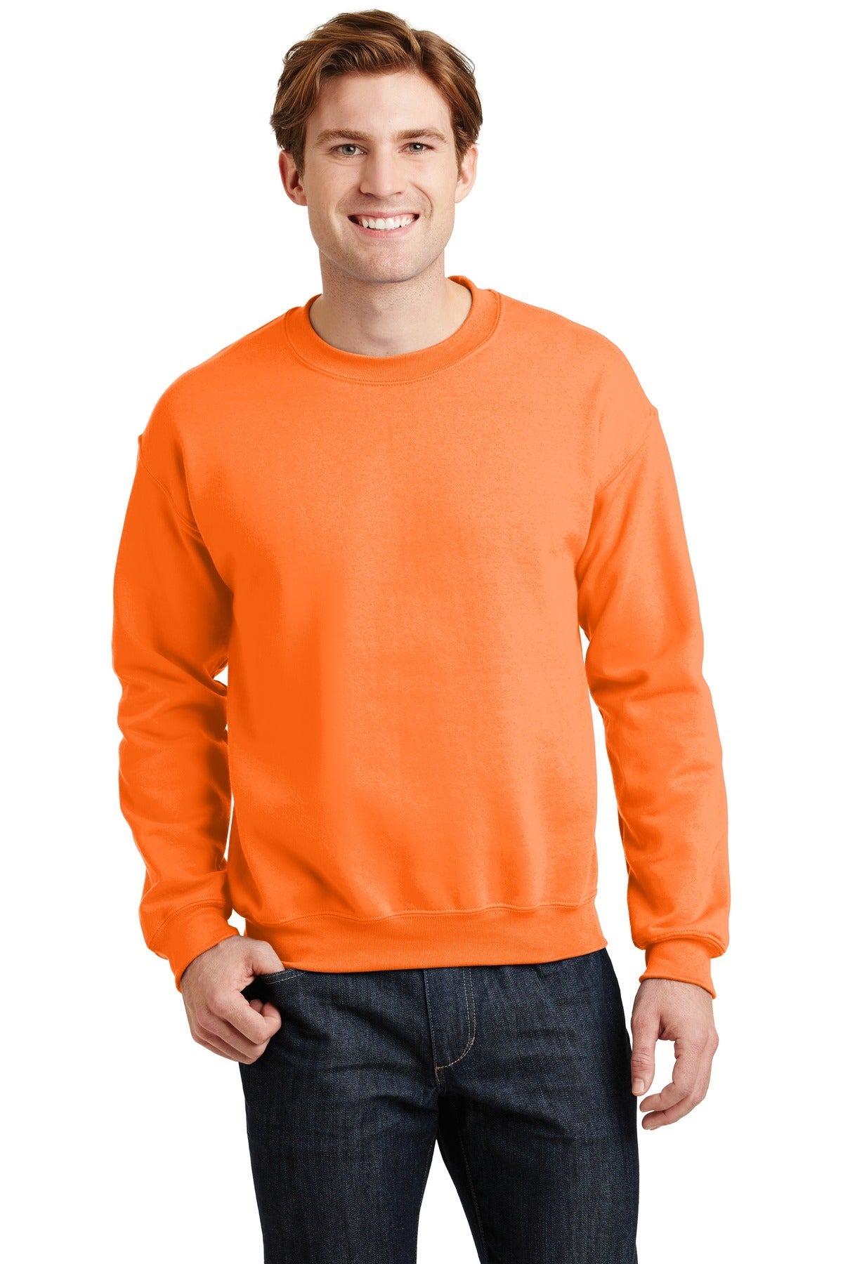 Front View of S Orange Gildan Heavy Blend Crewneck Sweatshirt. 18000 plain