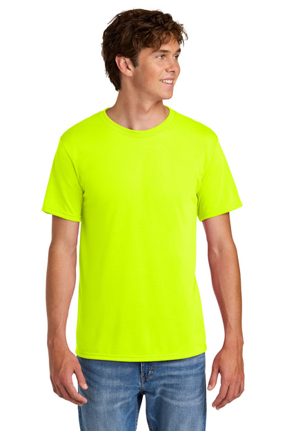 Front View of Safety Green Gildan Gildan Performance T-Shirt. 42000 plain