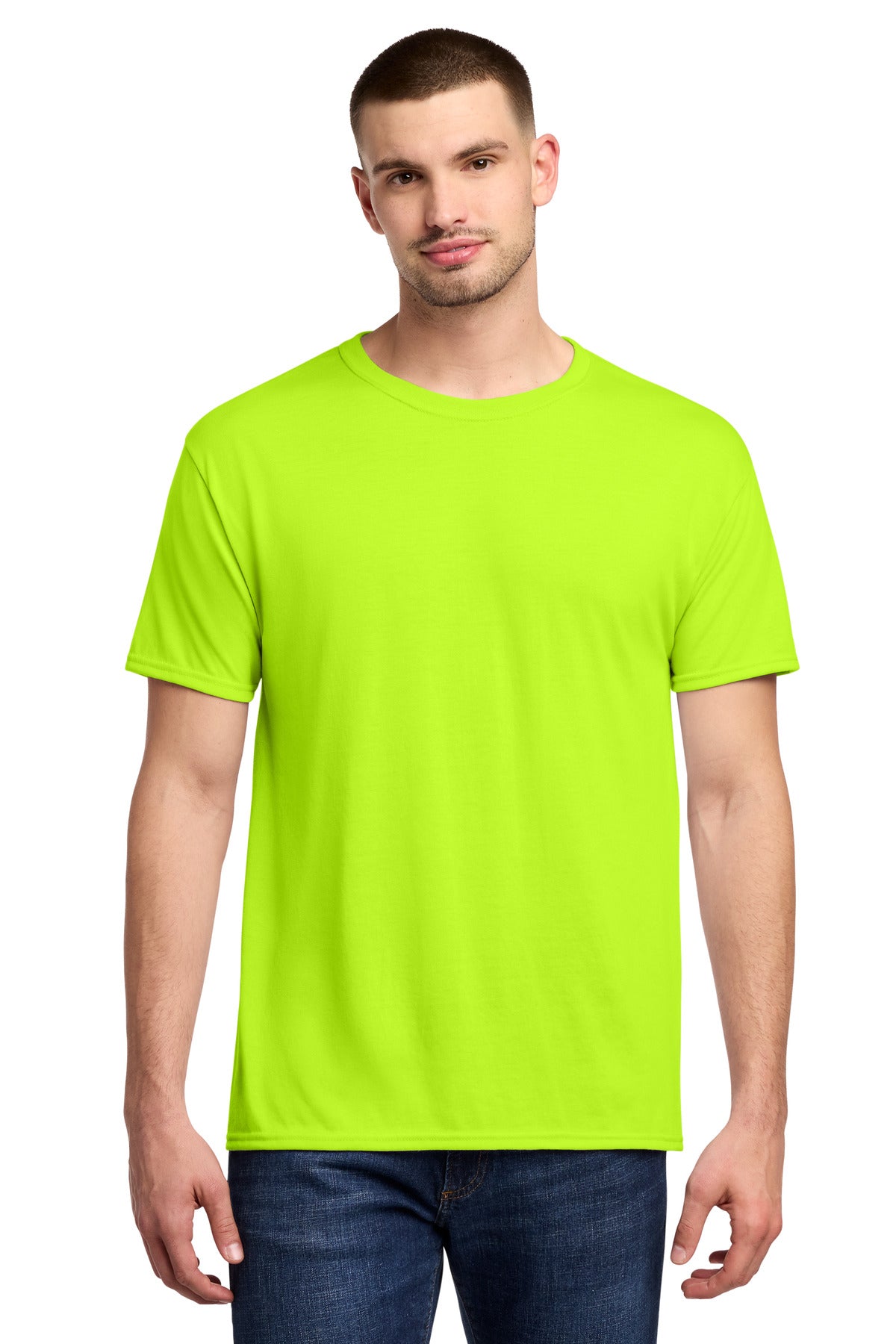 Front View of Safety Green Jerzees Dri-Power 100% Polyester T-Shirt. 21M plain