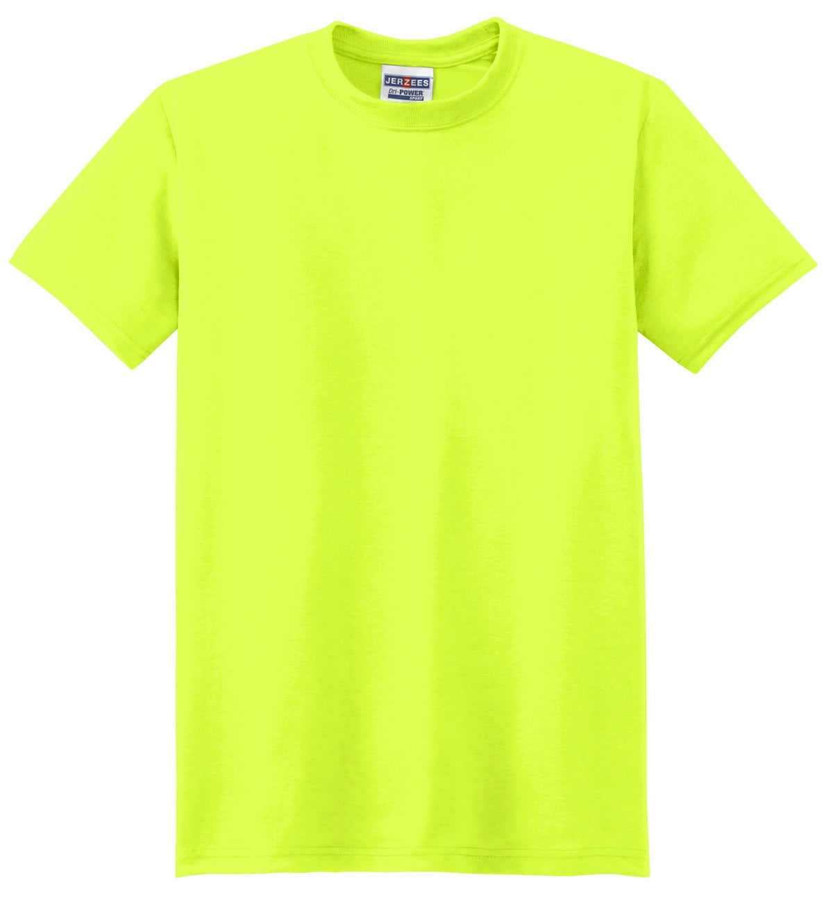 Front View of Safety Green Jerzees Dri-Power 100% Polyester T-Shirt. 21M plain