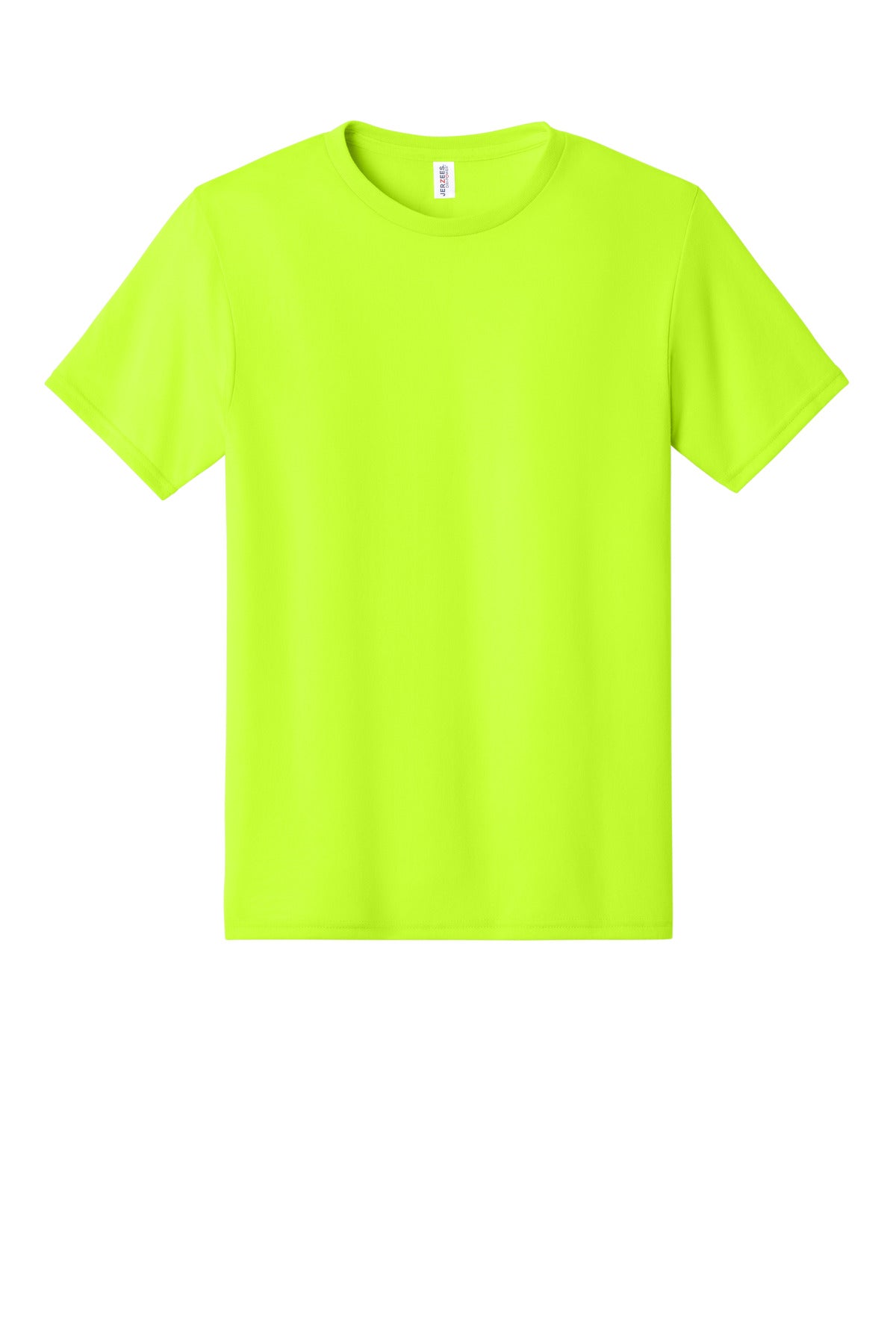 Front View of Safety Green Jerzees Dri-Power 100% Polyester T-Shirt. 21M plain