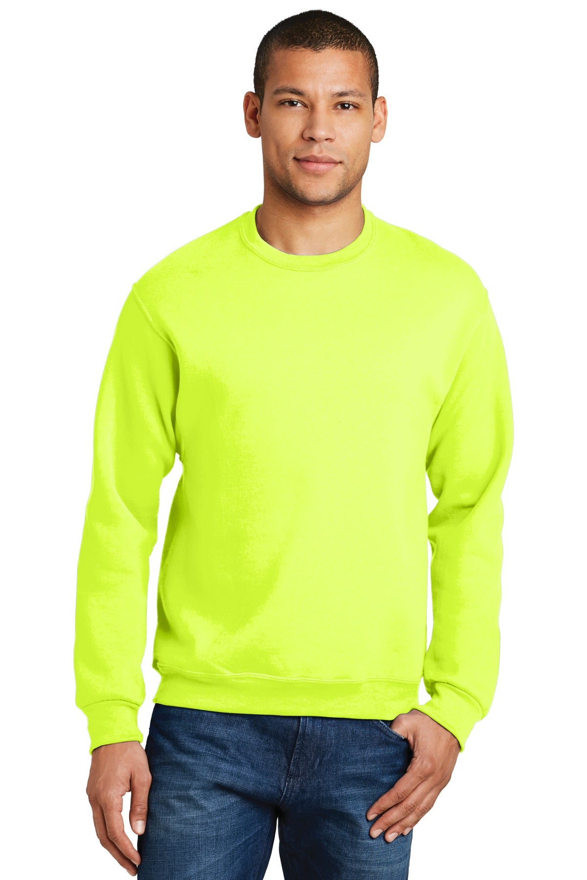 Front View of Safety Green Jerzees - NuBlend Crewneck Sweatshirt. 562M plain