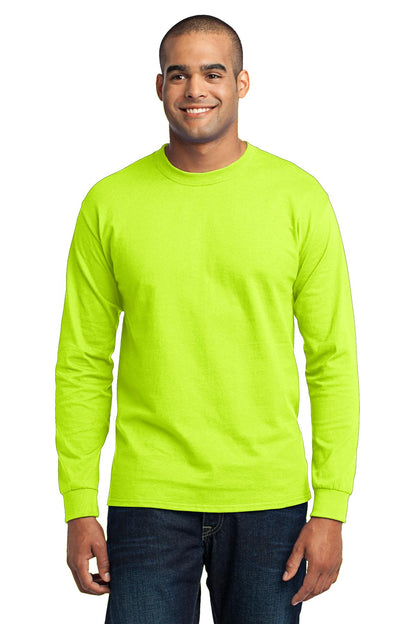 Front View of Safety Green Port & Co Tall Long Sleeve Core Blend Tee. PC55LST plain