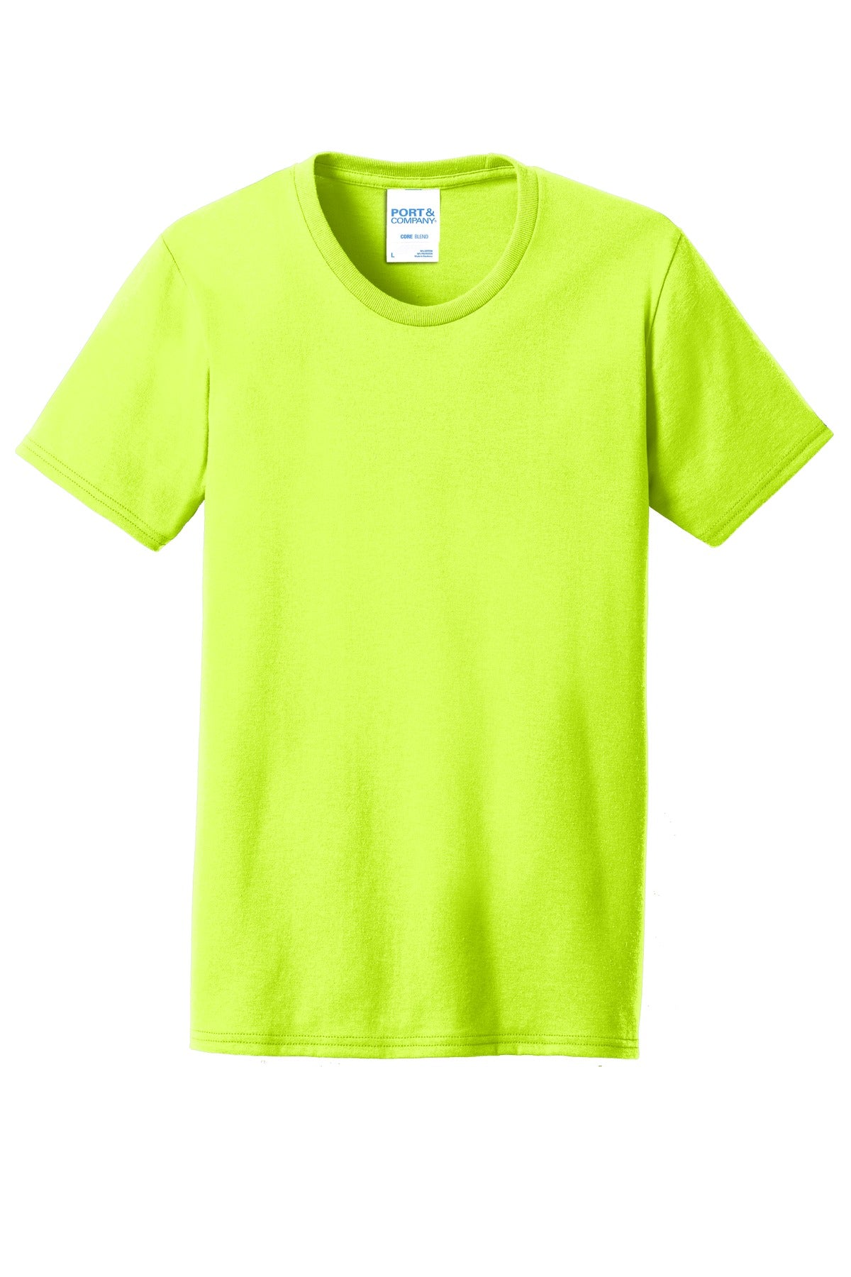 Front View of Safety Green Port & Co Women's Core Blend Tee. LPC55 plain