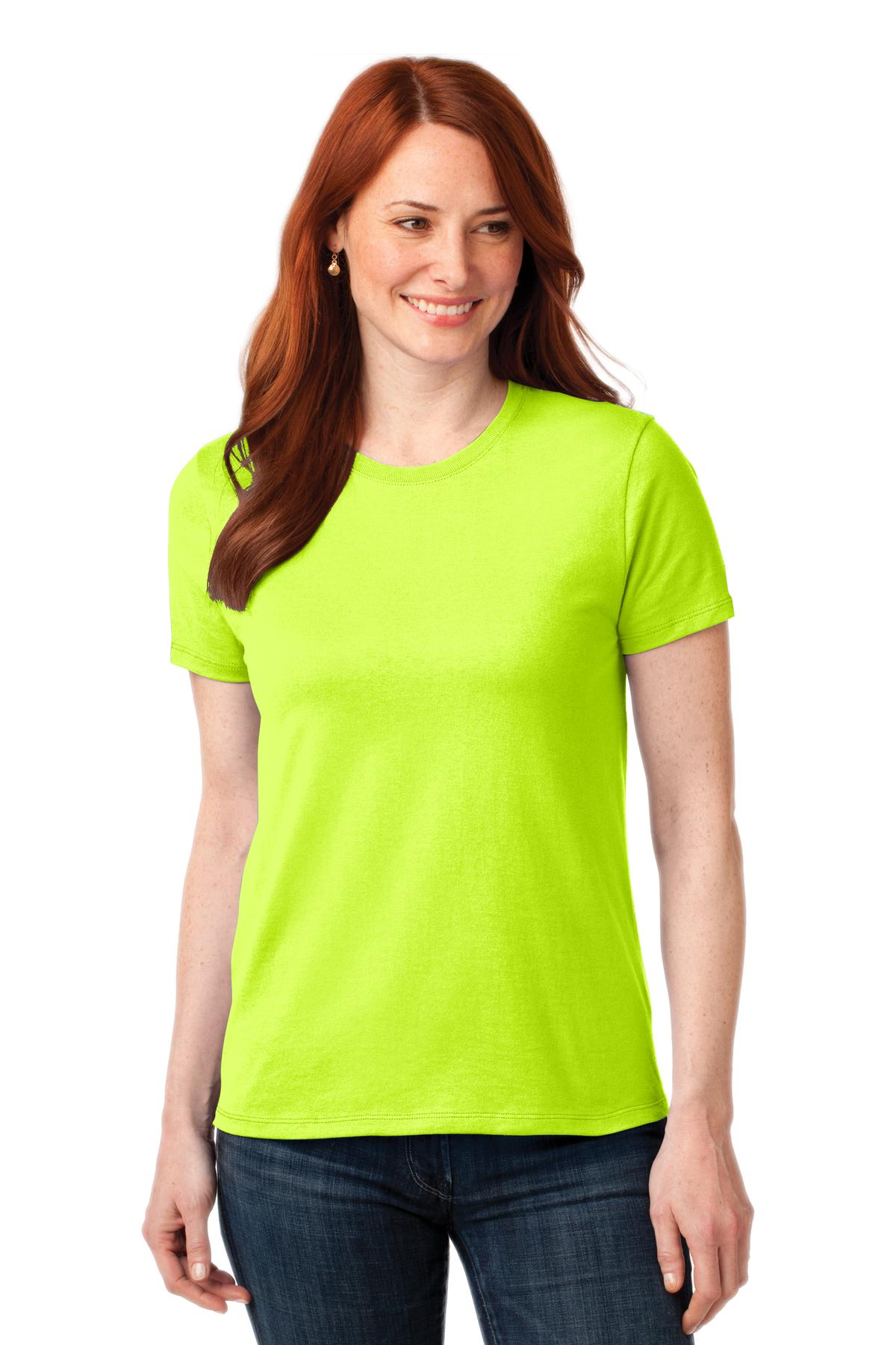 Front View of Safety Green Port & Co Women's Core Blend Tee. LPC55 plain
