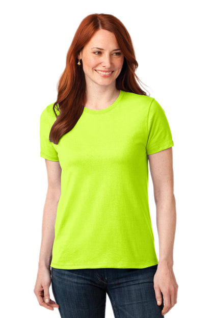 Front View of Safety Green Port & Co Women's Core Blend Tee. LPC55 plain