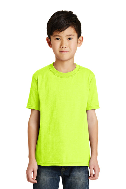 Front View of Safety Green Port & Co Youth Core Blend Tee. PC55Y plain