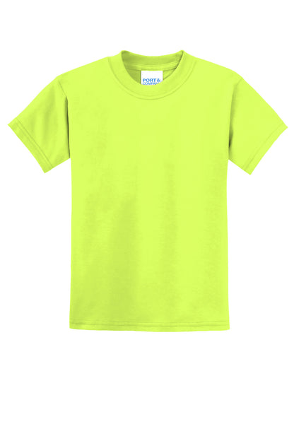 Front View of Safety Green Port & Co Youth Core Blend Tee. PC55Y plain