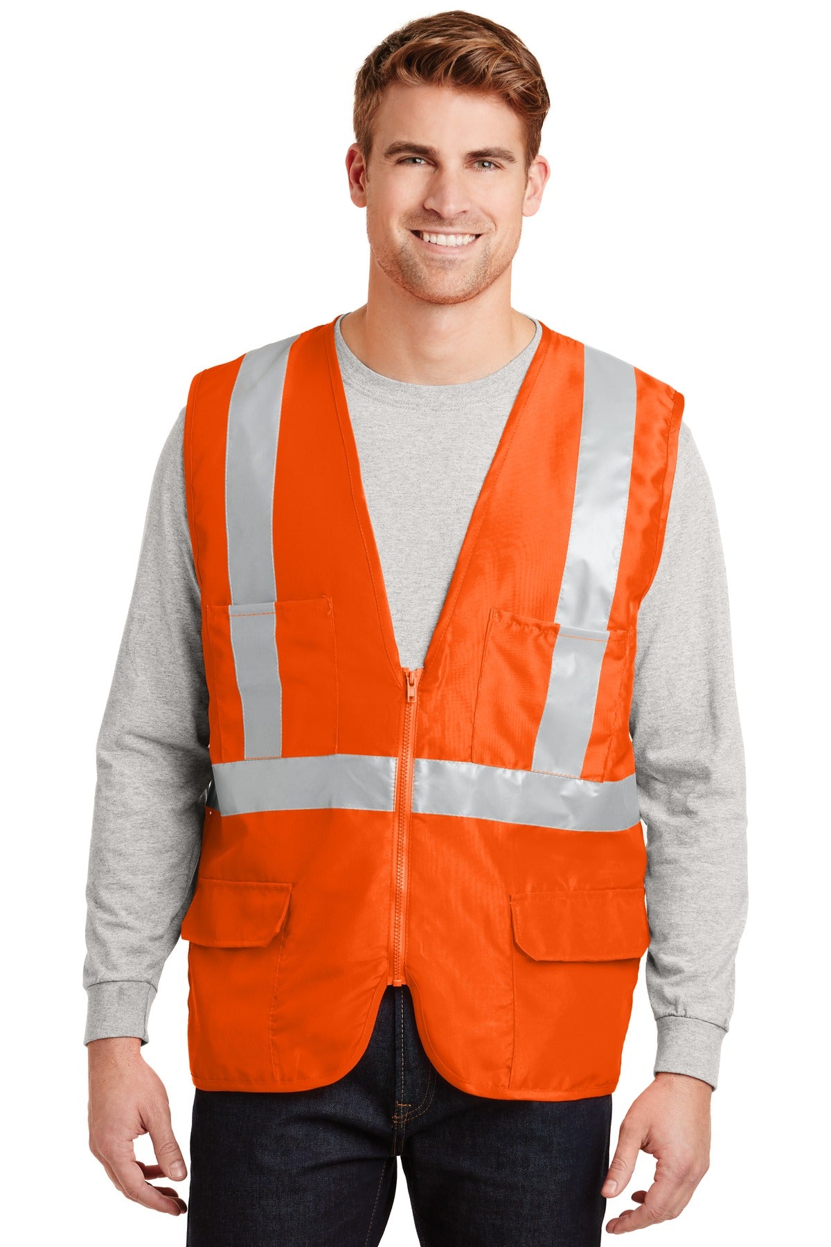 Front View of Safety Orange CornerStone - ANSI 107 Class 2 Mesh Back Safety Vest. CSV405 plain
