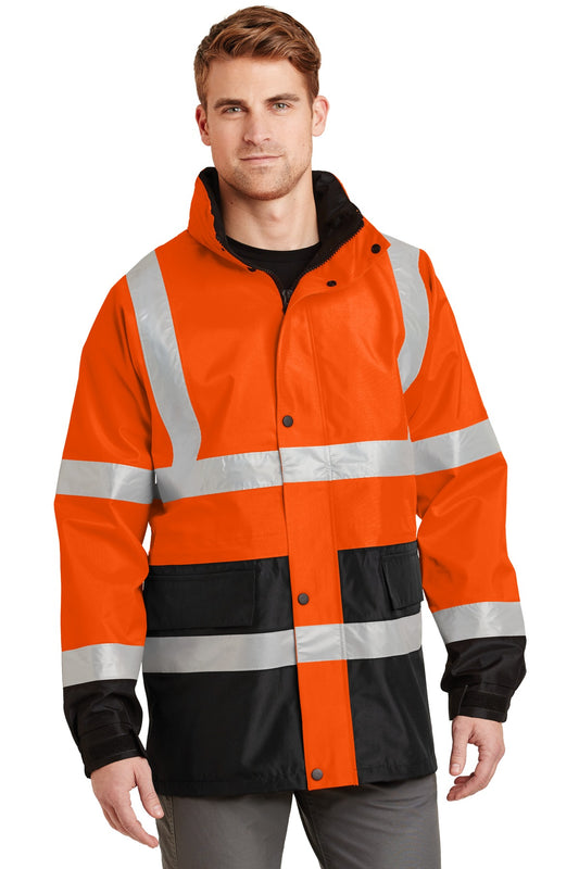 Front View of Safety Orange CornerStone - ANSI 107 Class 3 Waterproof Parka. CSJ24 plain