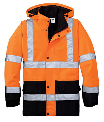 Front View of Safety Orange CornerStone - ANSI 107 Class 3 Waterproof Parka. CSJ24 plain
