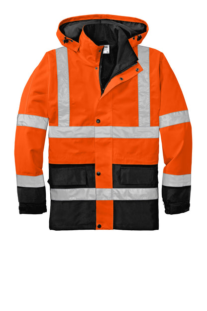 Front View of Safety Orange CornerStone - ANSI 107 Class 3 Waterproof Parka. CSJ24 plain