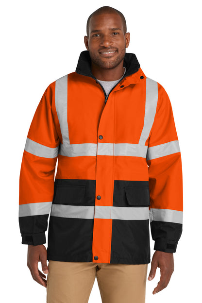 Front View of Safety Orange CornerStone - ANSI 107 Class 3 Waterproof Parka. CSJ24 plain