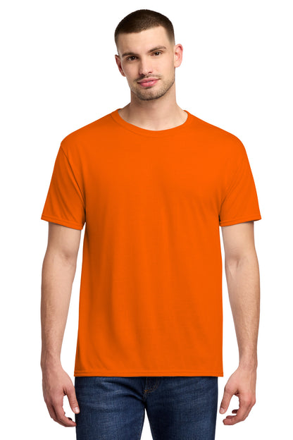 Front View of Safety Orange Jerzees Dri-Power 100% Polyester T-Shirt. 21M plain