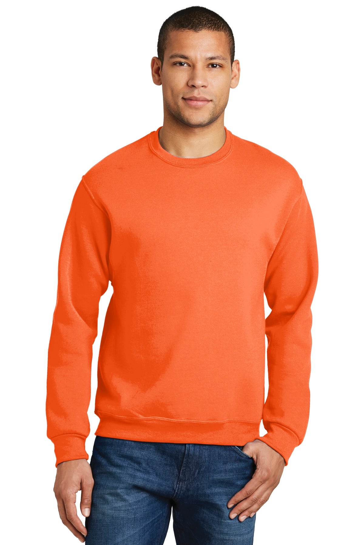 Front View of Safety Orange Jerzees - NuBlend Crewneck Sweatshirt. 562M plain