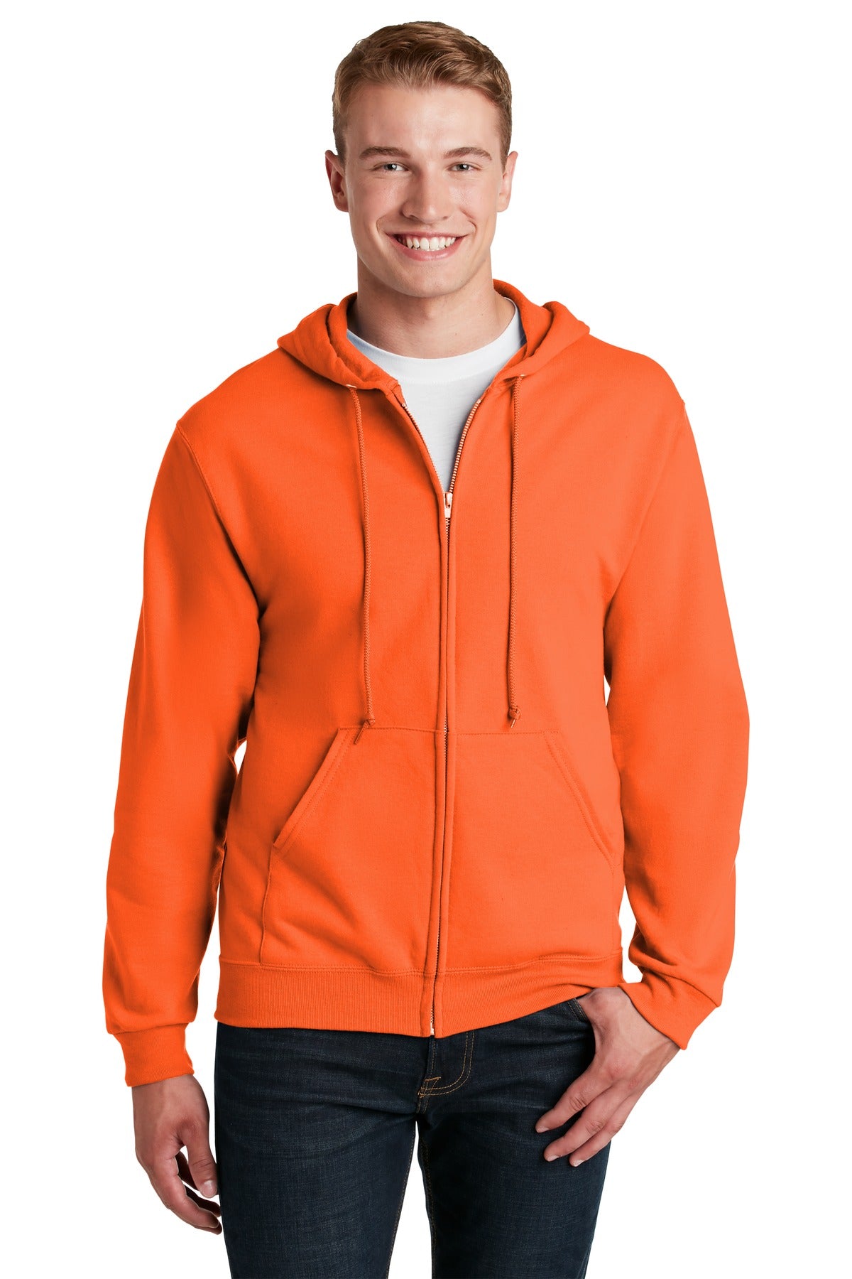 Front View of Safety Orange Jerzees - NuBlend Full-Zip Hooded Sweatshirt. 993M plain