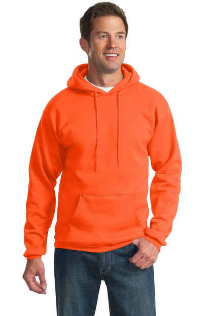 Front View of Safety Orange Port & Co Tall Essential Fleece Pullover Hooded Sweatshirt. PC90HT plain