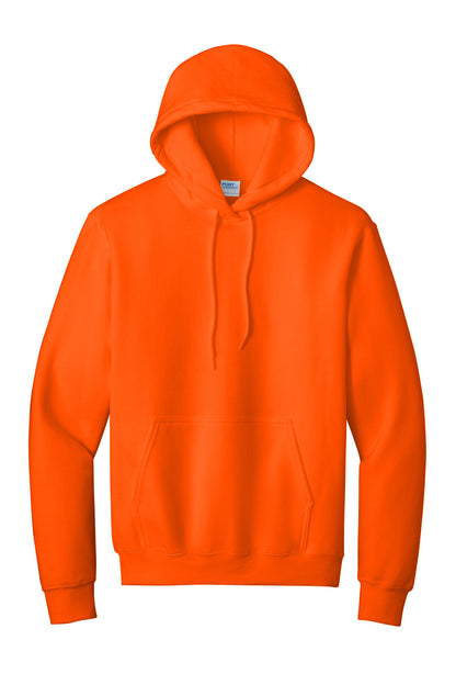 Front View of Safety Orange Port & Co Tall Essential Fleece Pullover Hooded Sweatshirt. PC90HT plain
