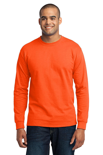 Front View of Safety Orange Port & Co Tall Long Sleeve Core Blend Tee. PC55LST plain