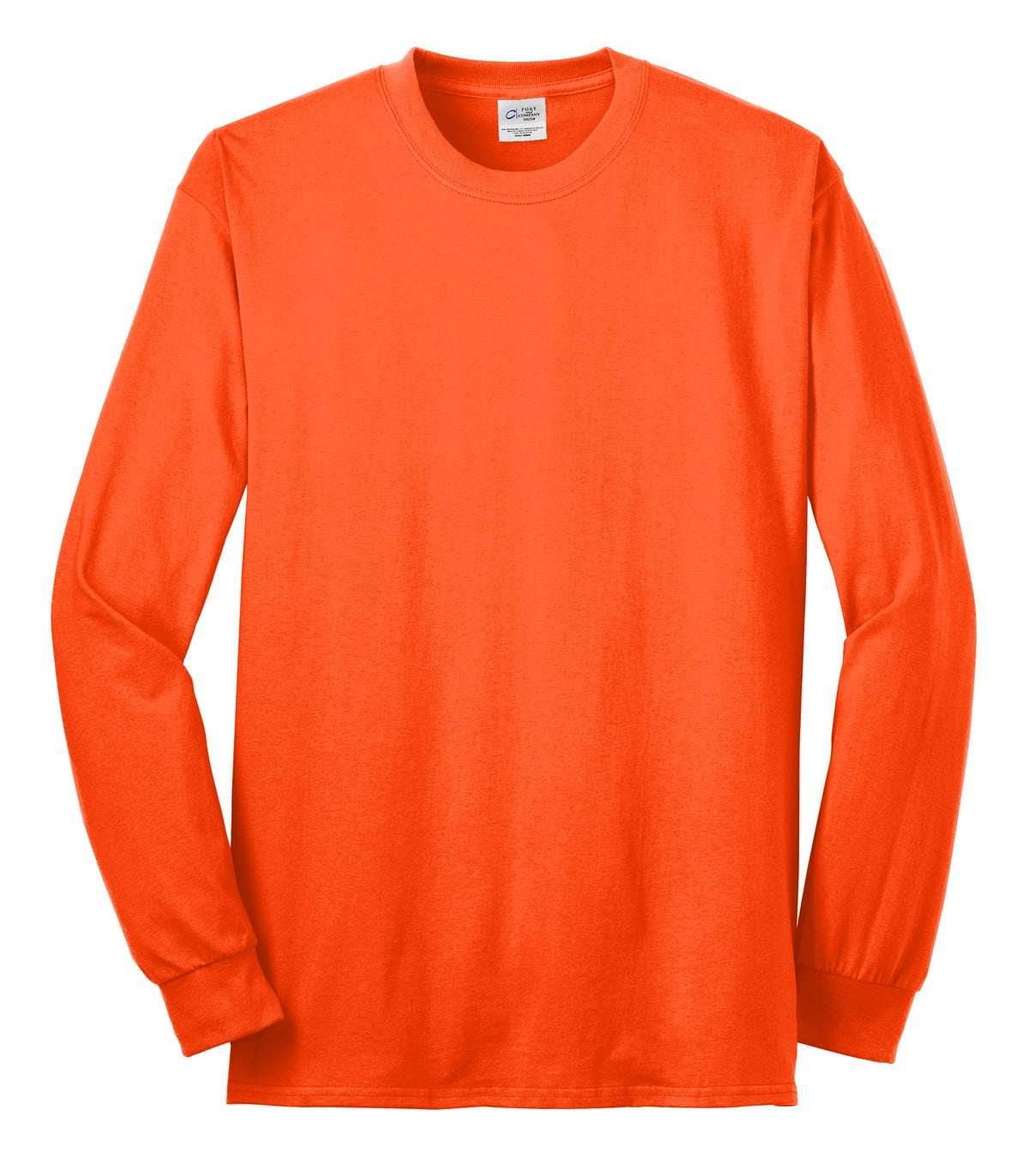 Front View of Safety Orange Port & Co Tall Long Sleeve Core Blend Tee. PC55LST plain