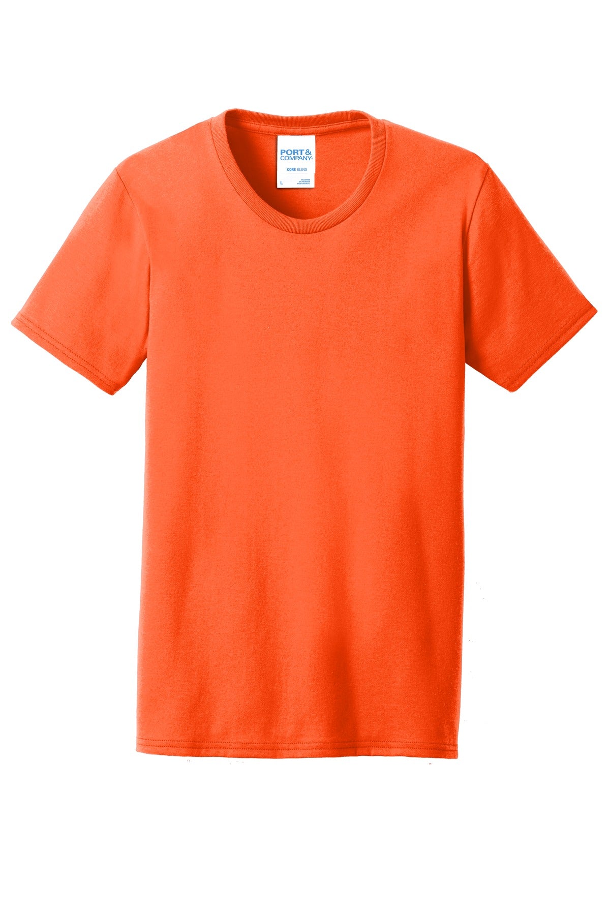 Front View of Safety Orange Port & Co Women's Core Blend Tee. LPC55 plain