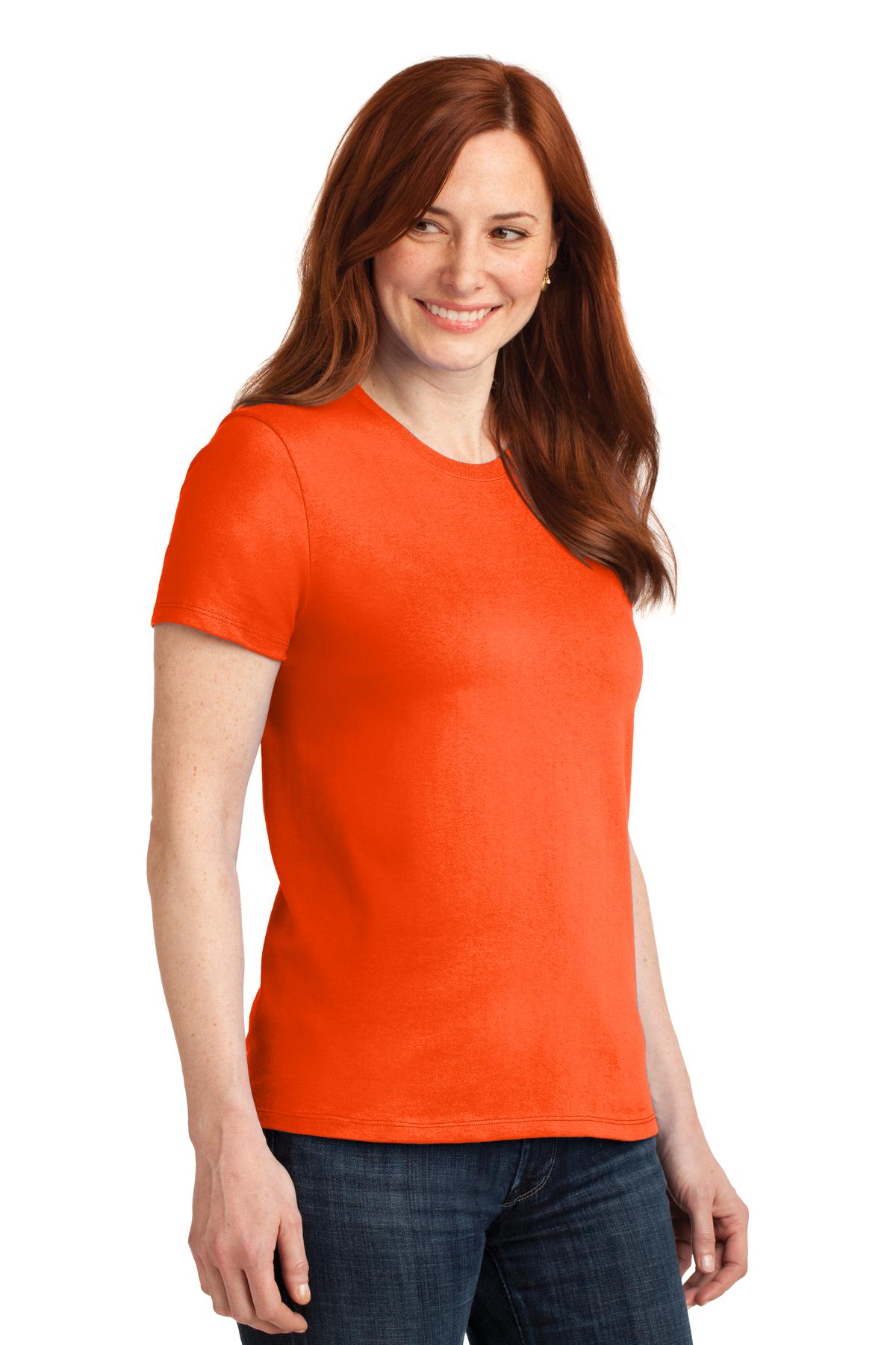 Front View of Safety Orange Port & Co Women's Core Blend Tee. LPC55 plain