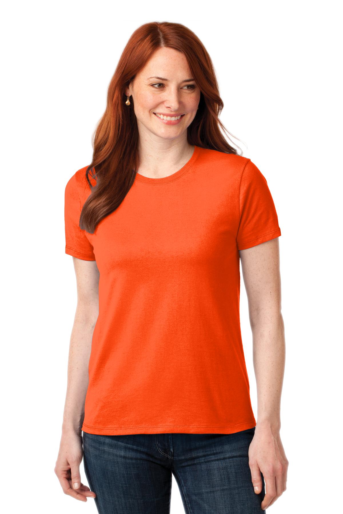 Front View of Safety Orange Port & Co Women's Core Blend Tee. LPC55 plain